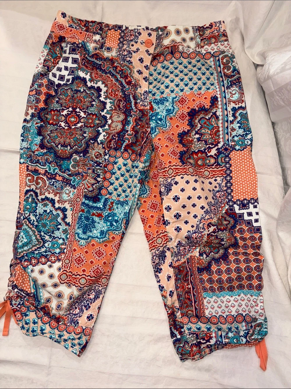 Chico's Coral & Teal Patchwork Print Bermuda Shorts